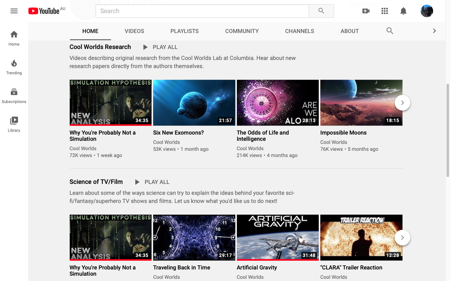 Cool Worlds YouTube home page