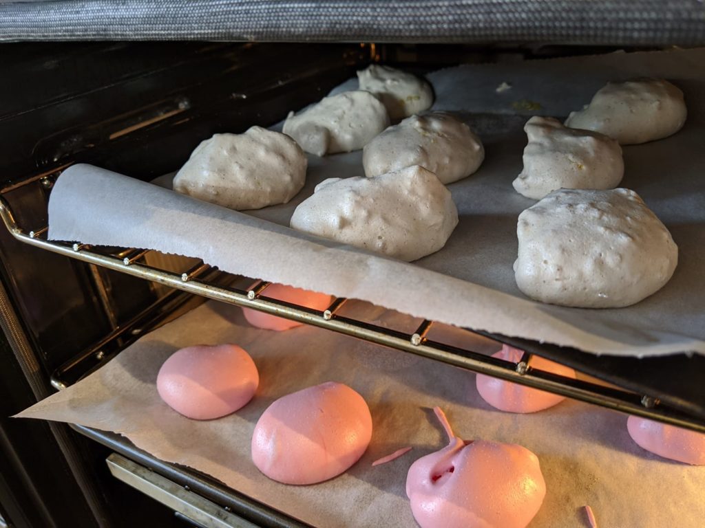 Leftover egg-whites transformed into Spanish meringues (top row) and rose meringues (bottom row)