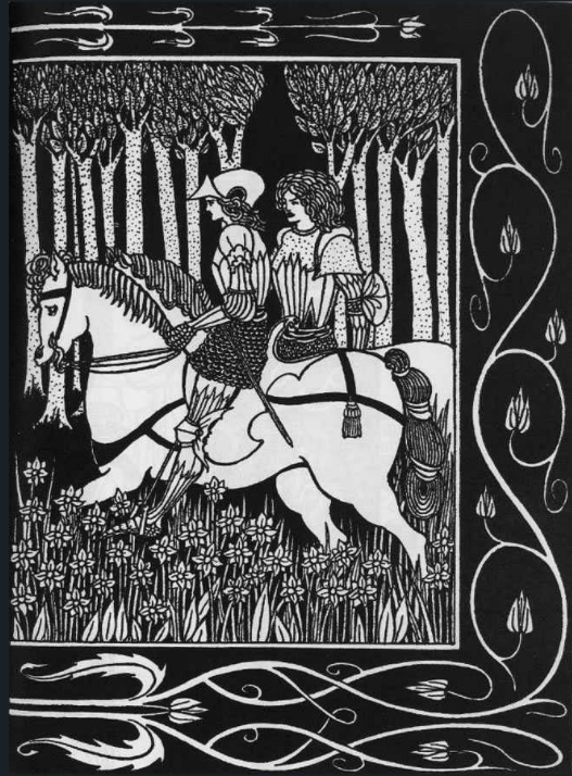 Black and white woodcut. Aubrey Beardsley, 1894, Sir Dinadan and King Mark