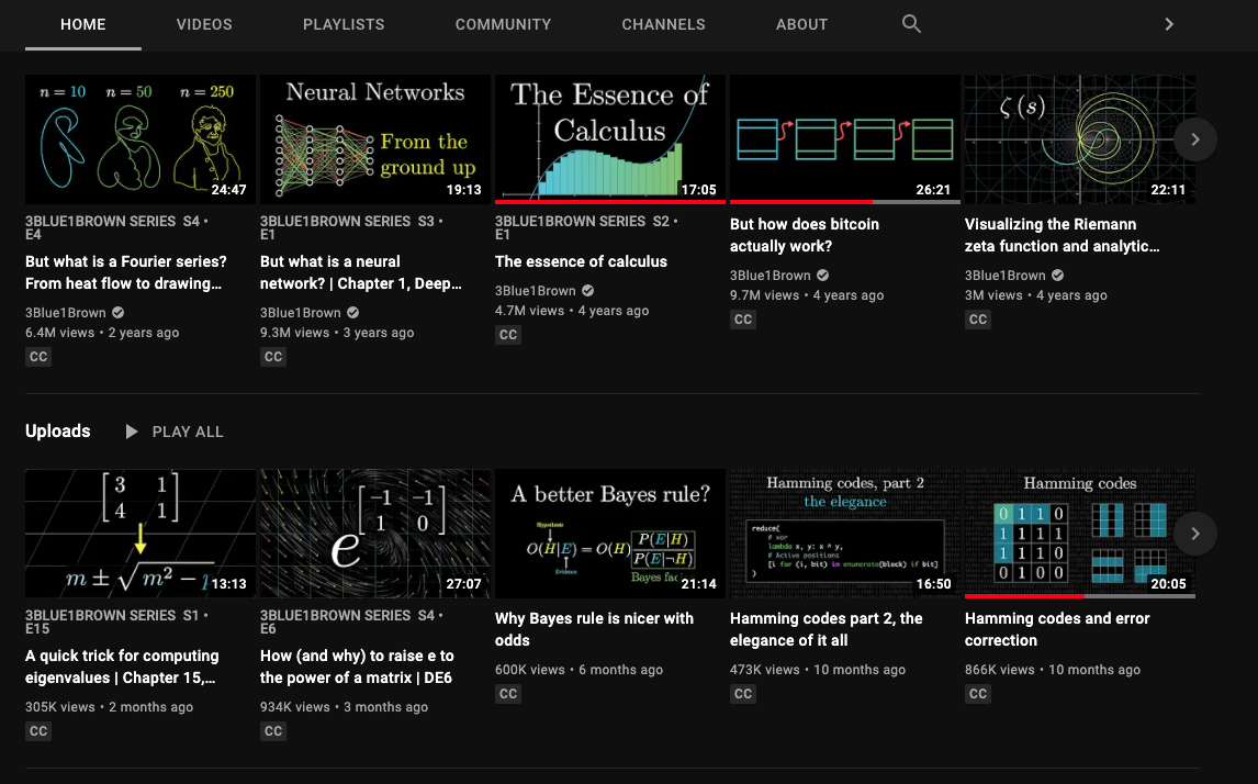 The list of topics on the 3Blue1Brown channel ranges from calculus to hamming codes