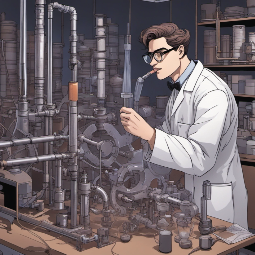 scientist surrounded by complex tubing sampling some sauce