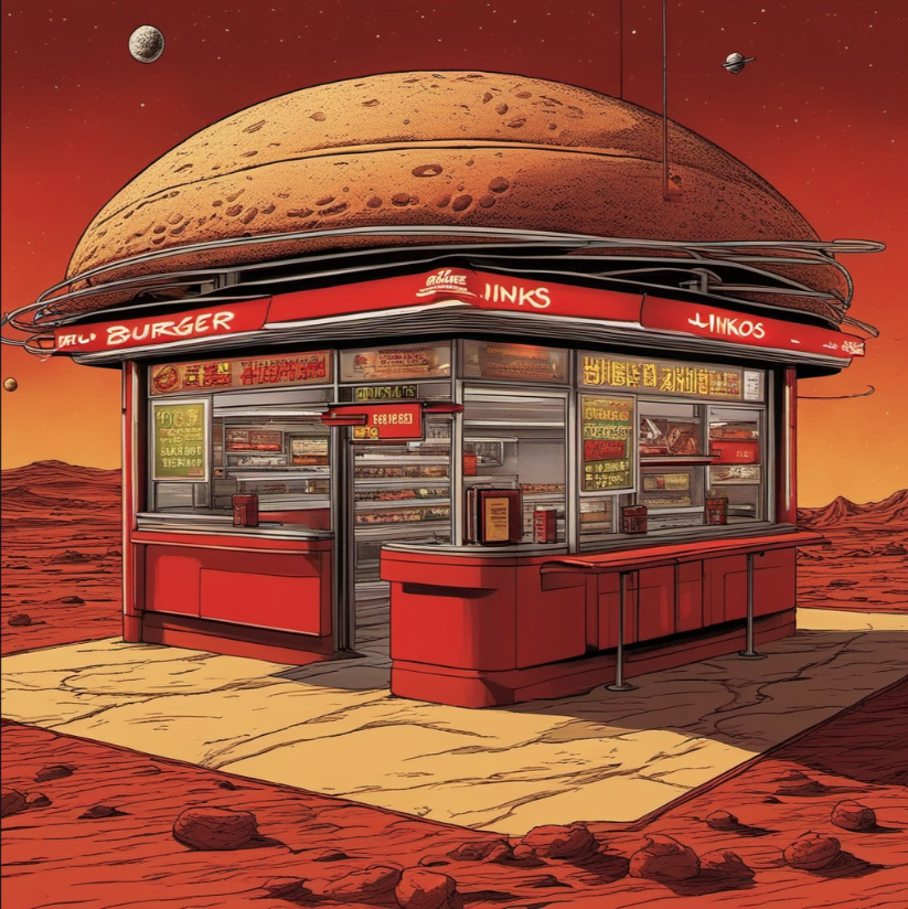 cartoon picture of a burger joint called Jinkos on a red planet
