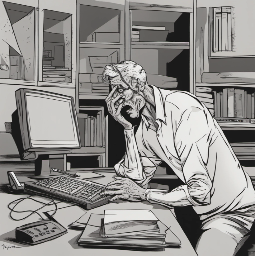 black and white cartoon of a frustrated man at a computer