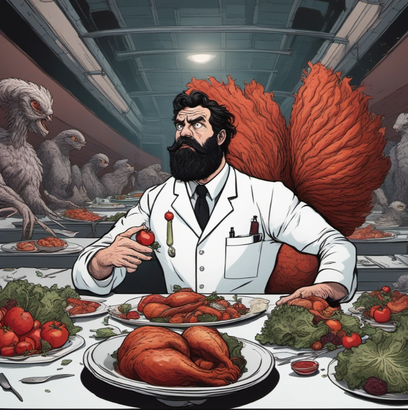 Hairy scientist at a weird banquet