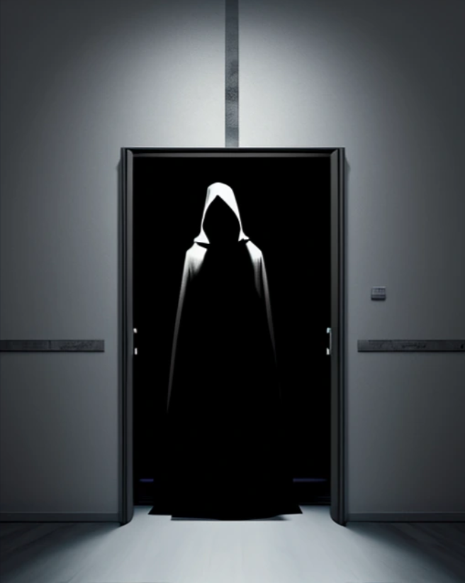 hooded shadowy figure in dark doorway