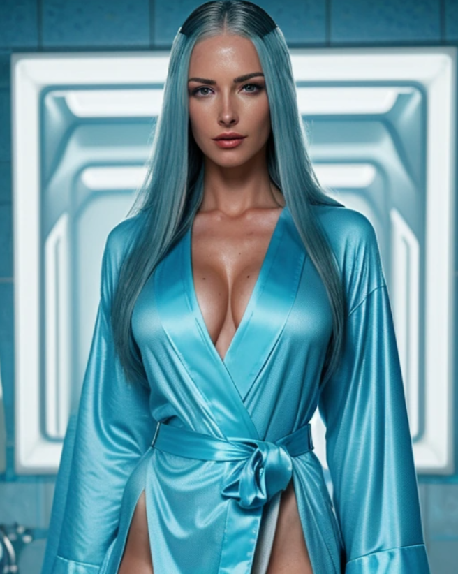 beautiful blonde woman wearing a light blue satin nightgown open suggestively at the bust