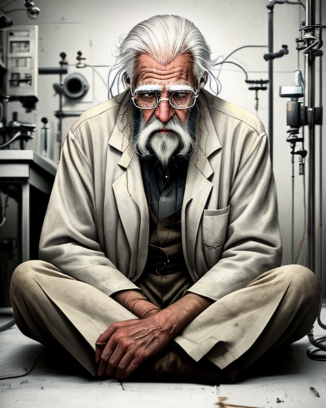 sad old scientist sitting on the floor cross-legged
