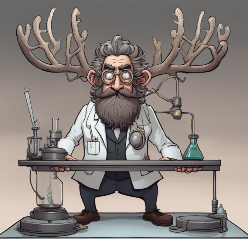 cartoon picture of mad bearded scientist wearing deer antlers at a lab bench