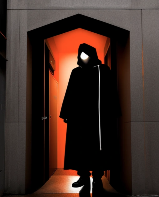 hooded black figure inside a glowing orange doorway