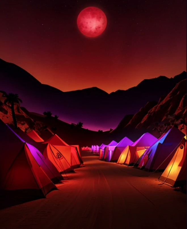 a tent village in a canyon at dawn