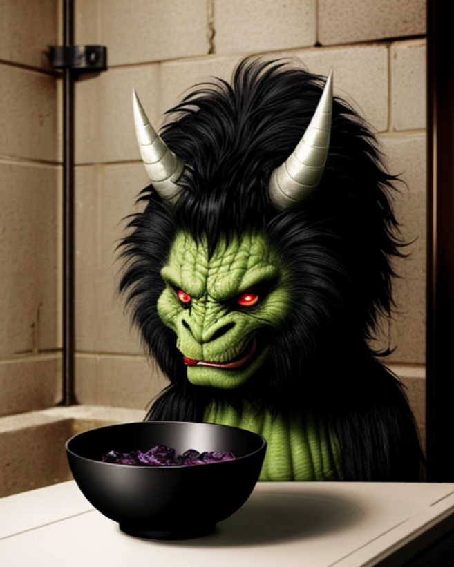 horned green alien looking at a black bowl of purple lettuce