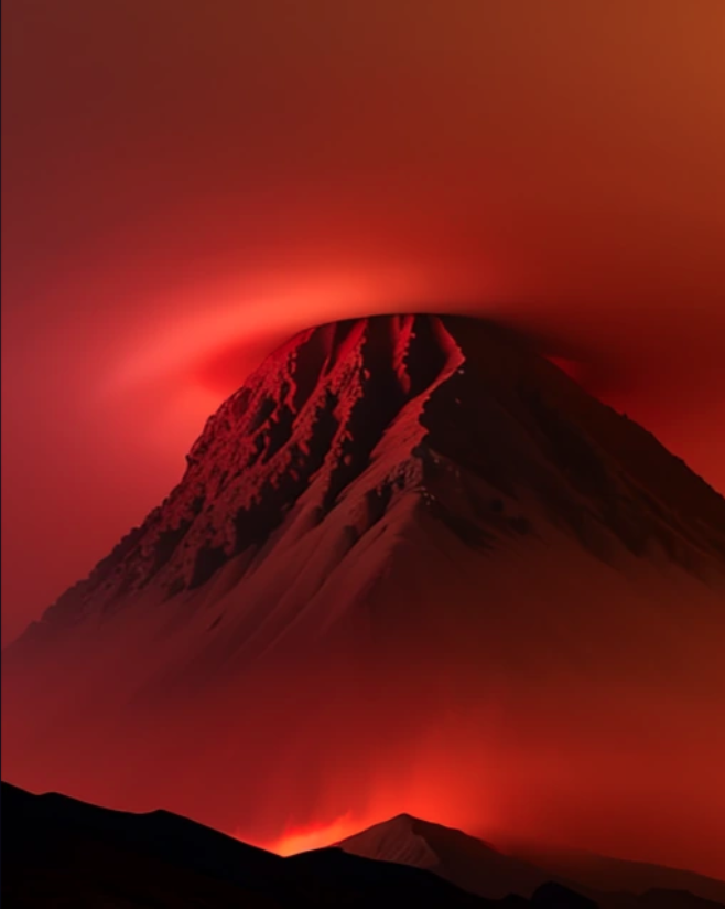 a red mountain disappearing into cloud