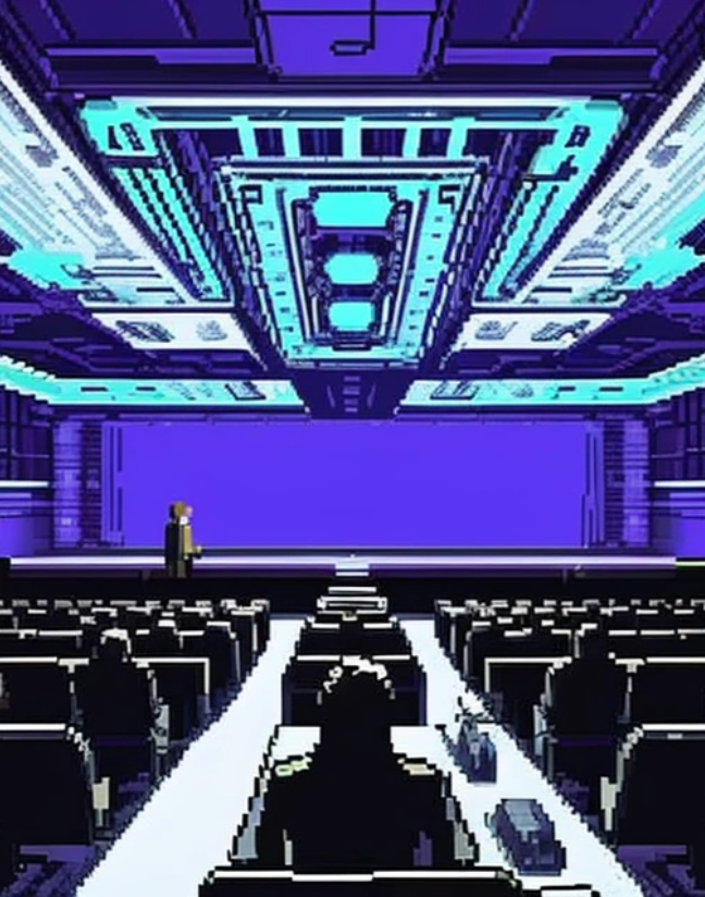 8-bit style representation of a lecture hall