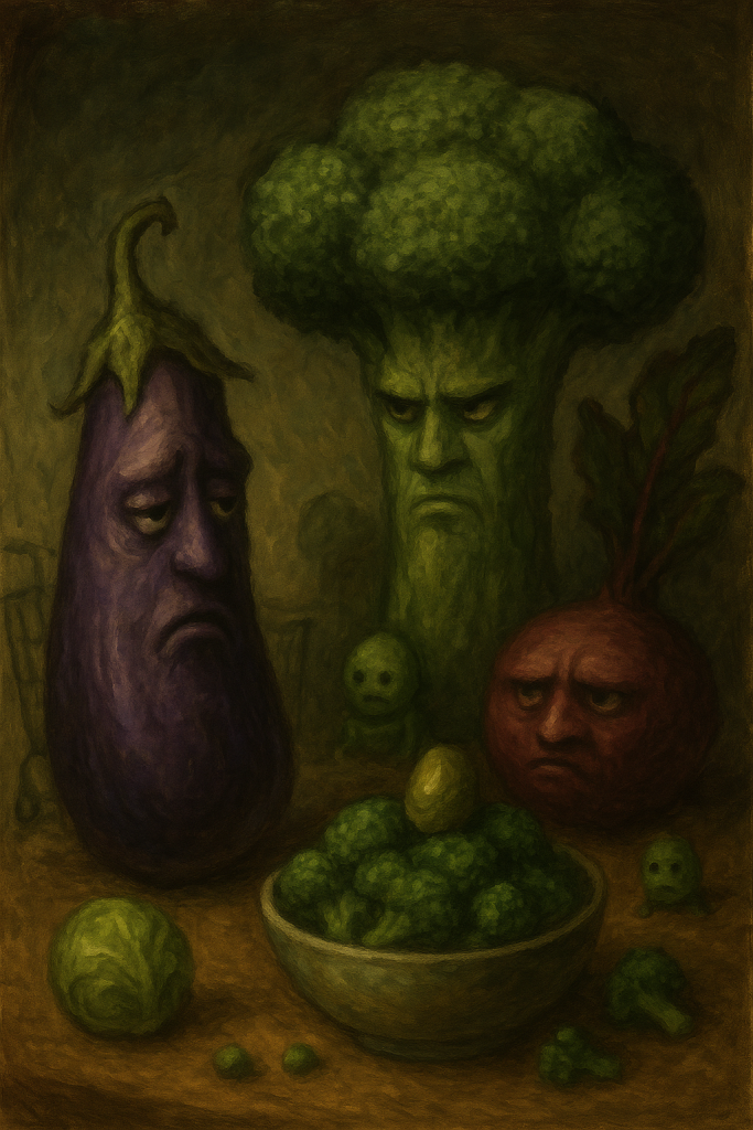 Impressionist-style vegtable art featuring an eggplant, broccoli and peas looking mad and sad